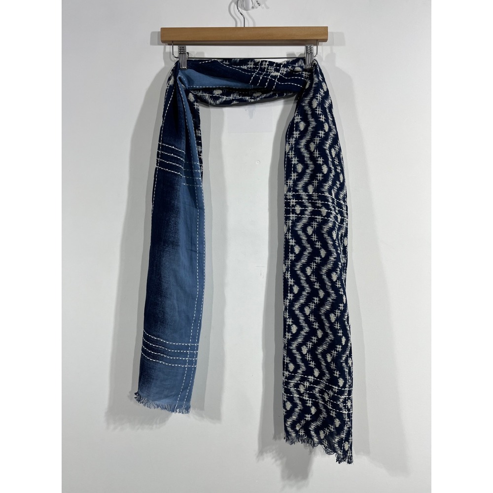 Pure Jill J. Jill Indigo Blue Ikat Kantha Stitch Ombre Fringed Scarf Womens OS